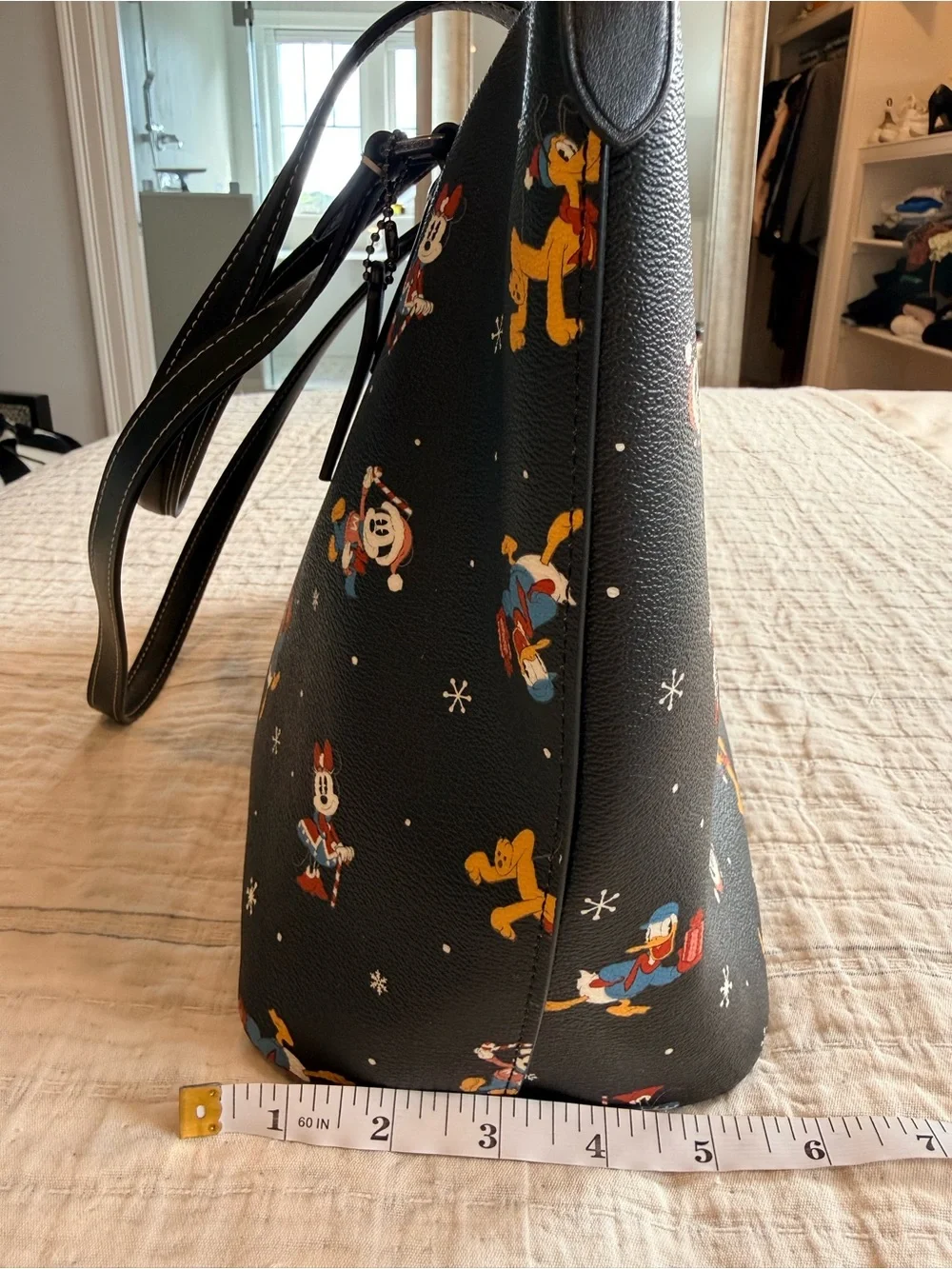 Coach X Disney Black Leather Gallery Tote with Disney Christmas Character Print